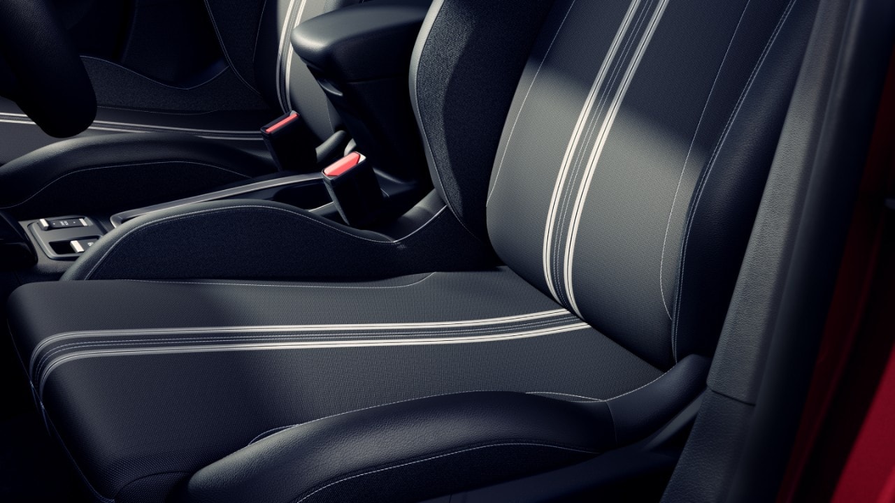 Close-up of Opel Corsa Electric 2-tone black and grey patterned seat